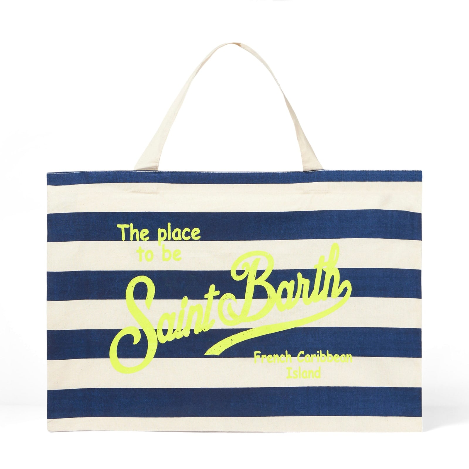 Mc2 Saint Barth Blue Striped Cotton Bag With Fluo Yellow Logo In Blue