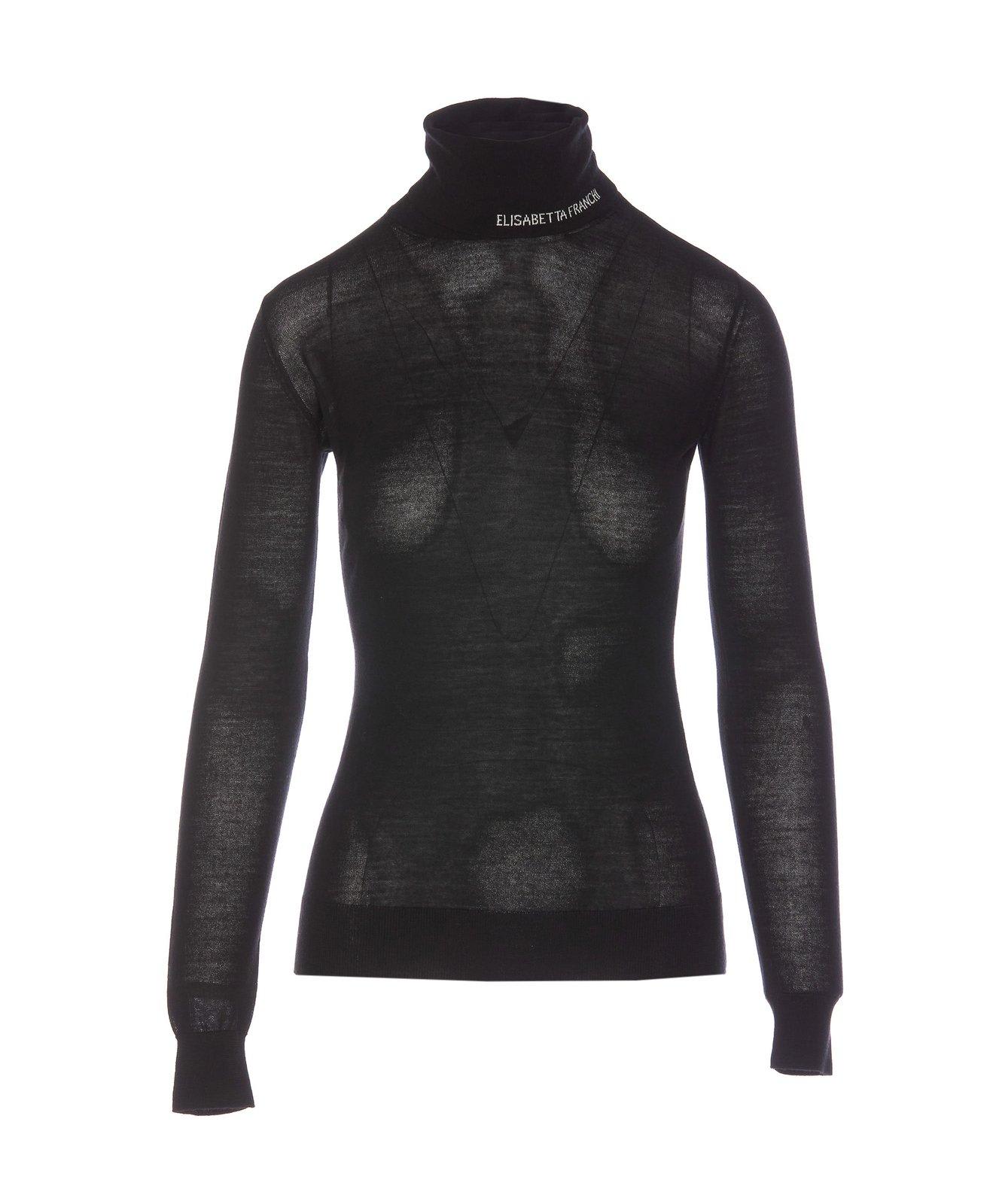 Shop Elisabetta Franchi Turtleneck Logo Jacquard Top In Black