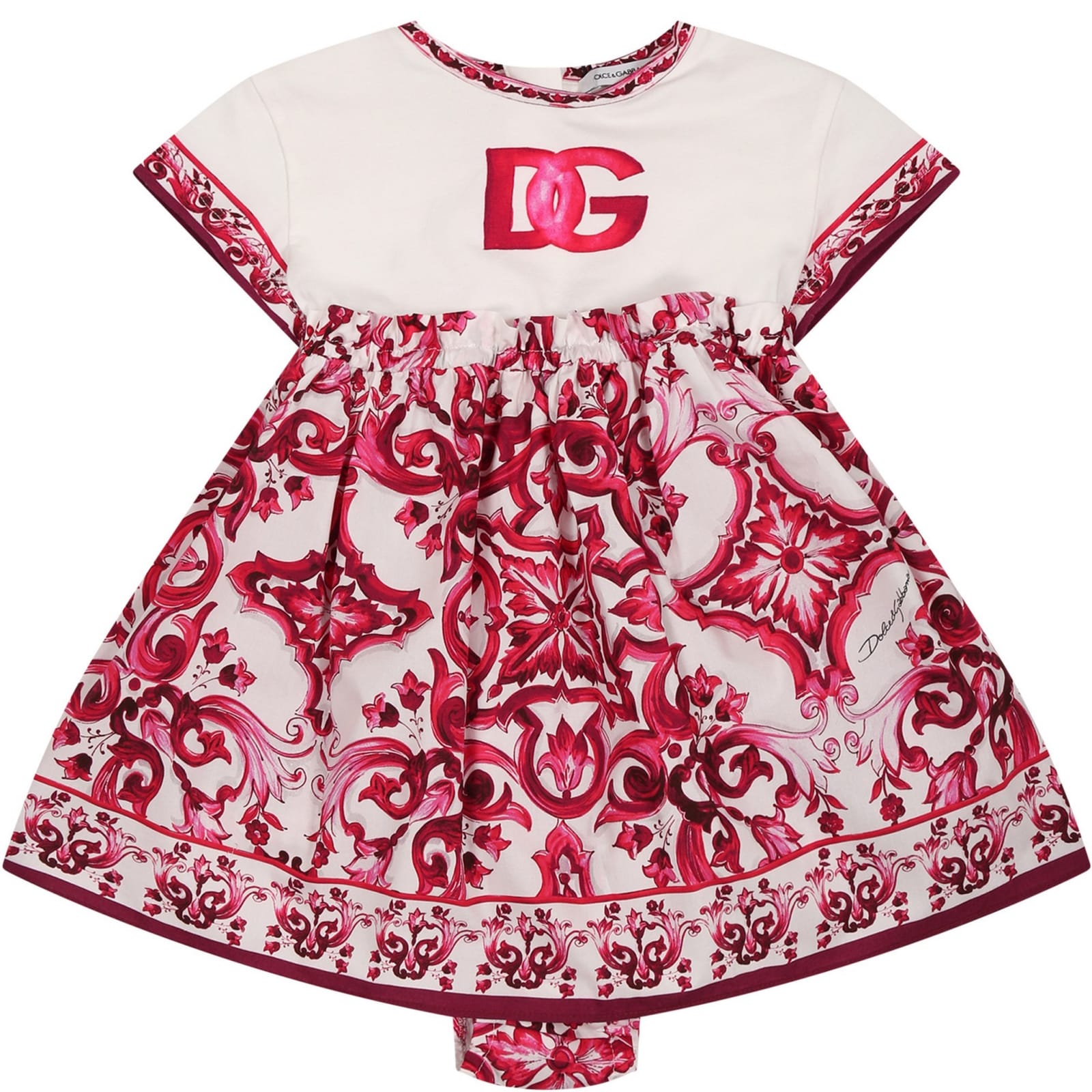 Shop Dolce & Gabbana White Dress For Baby Girl With Logo In Fuchsia