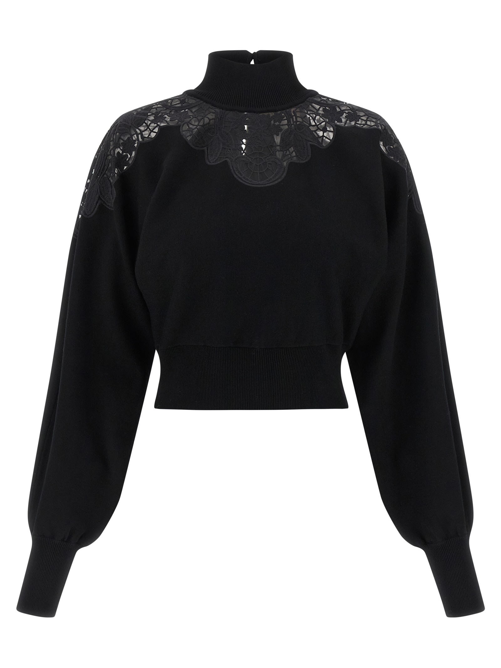 Twinset Lace-insert High-neck Sweater In Black