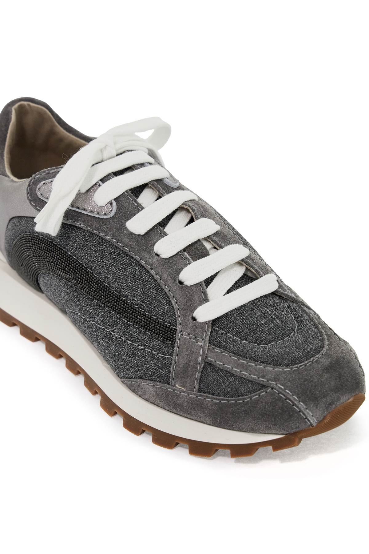 Shop Brunello Cucinelli Wool Sneakers With Precious Stripe Design In Grigio Medio (grey)