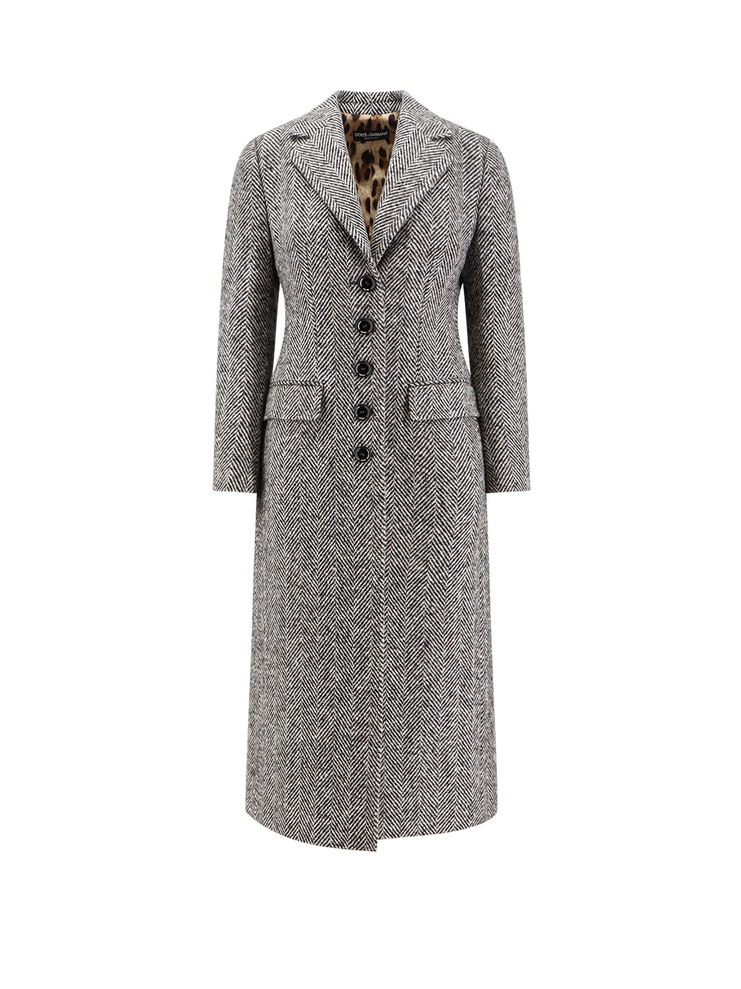 Dolce & Gabbana Herringbone Long Length Notched Lapels Coat In Gray