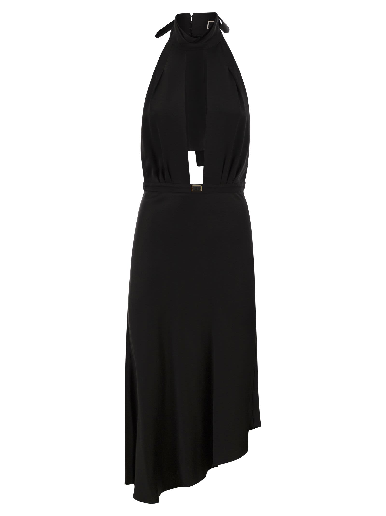 Shop Elisabetta Franchi Satin Midi Dress With Asymmetric Skirt In Black