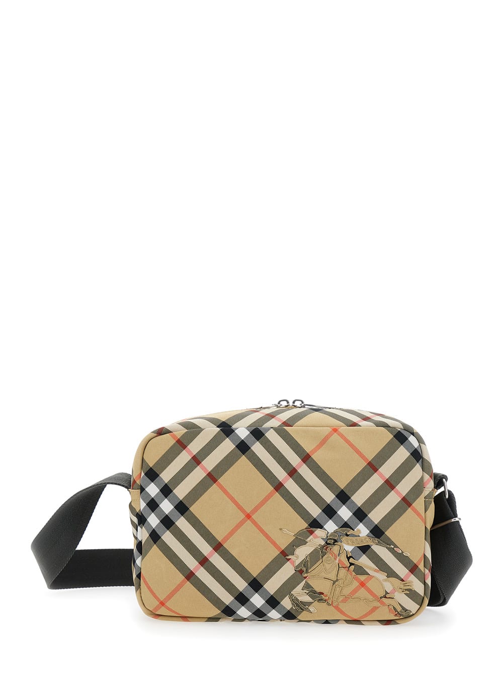 Beige Shoulder Bag With All-over Vintage Check Motif In Tech Fabric Man