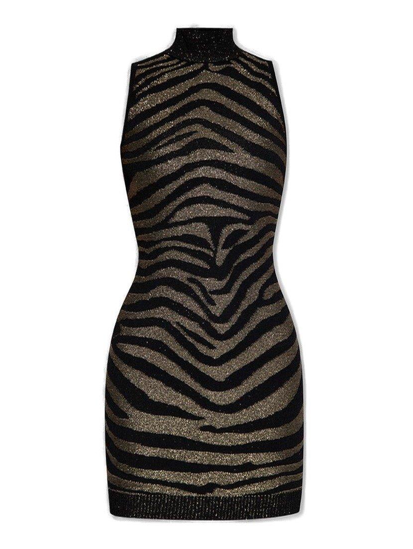 Shop Balmain Zebra Printed Highneck Mini Dress In Black