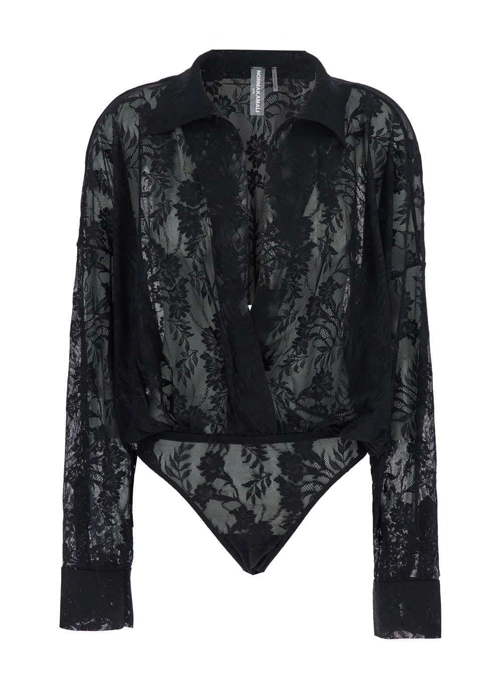 Black Bodysuit With Plunging V Neck And All-over Floral Embroidery In Tech Fabric Stretch Woman