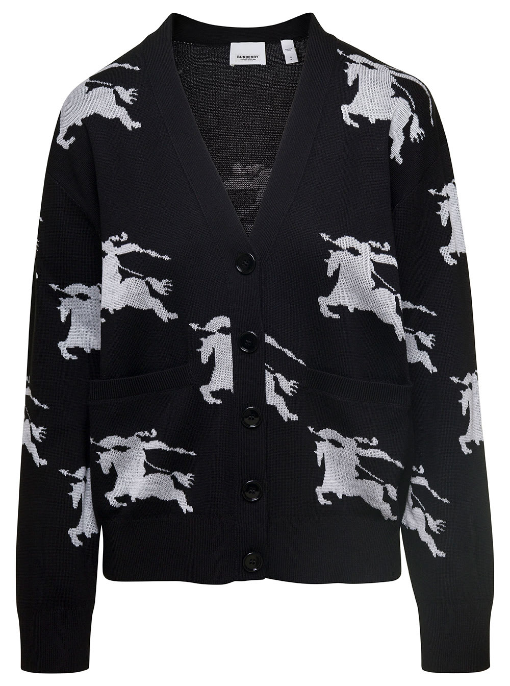 BURBERRY BRITTANY BLACK CARDIGAN WITH EQUESTRIAN KNIGHT IN COTTON BLEND WOMAN