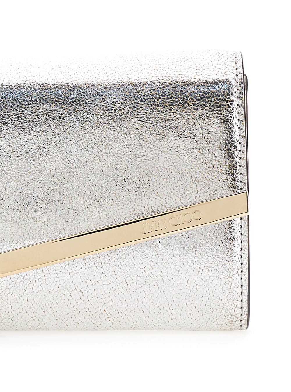 Shop Jimmy Choo Emmie Silver Clutch With Chain In Laminated Leather Woman In Champagne