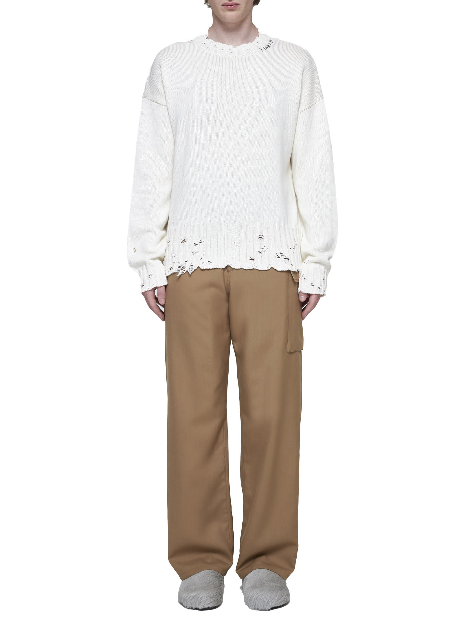 Shop Marni Distressed Crewneck Knitted Jumper In White