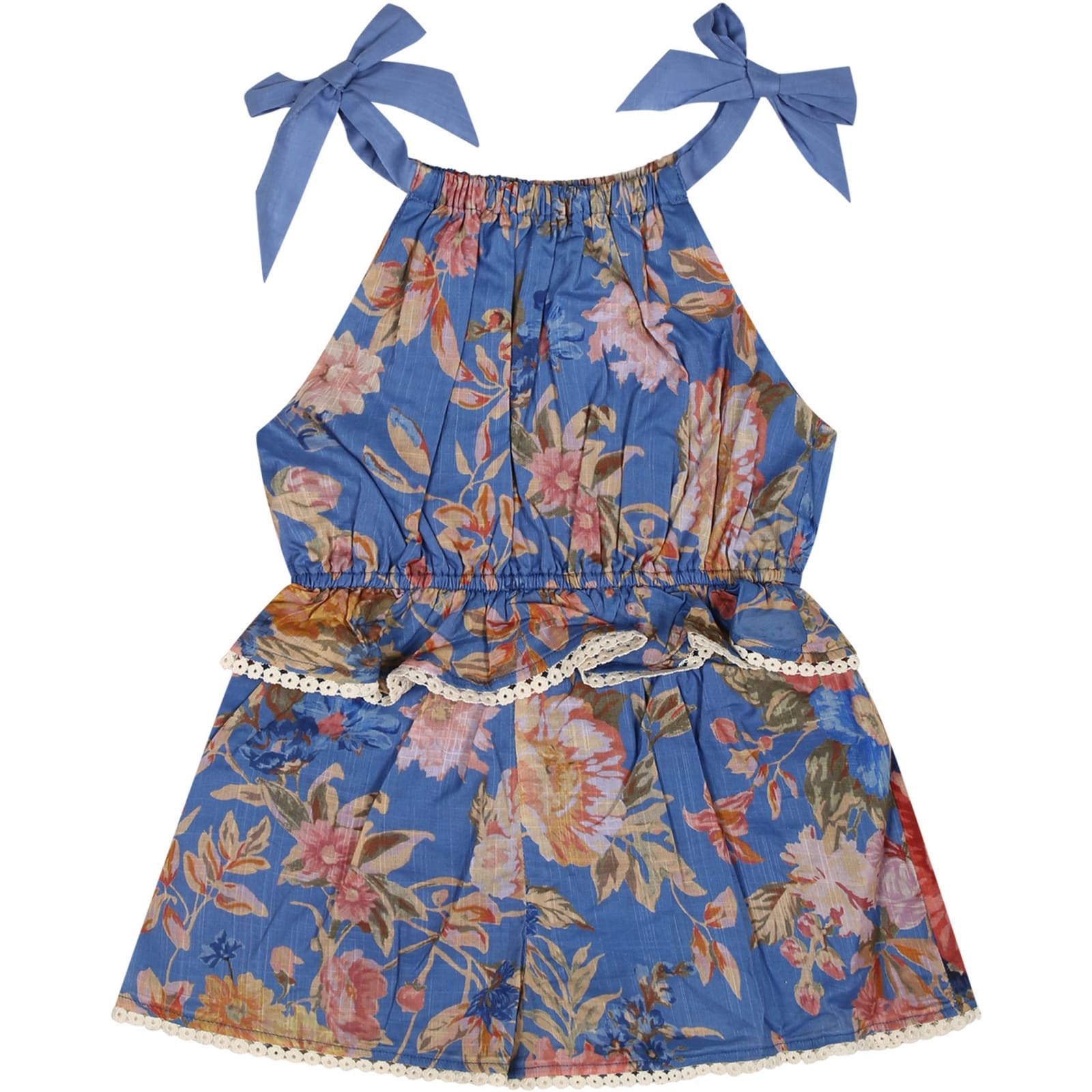 Zimmermann Kids' Blue Dungarees For Girl With Floral Print In Light Blue