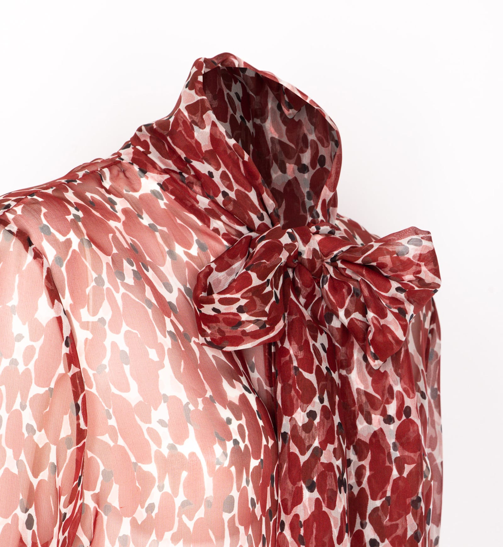 Saint Laurent Long Sleeve Sheer Blouse With Bow Detail In Burgundy