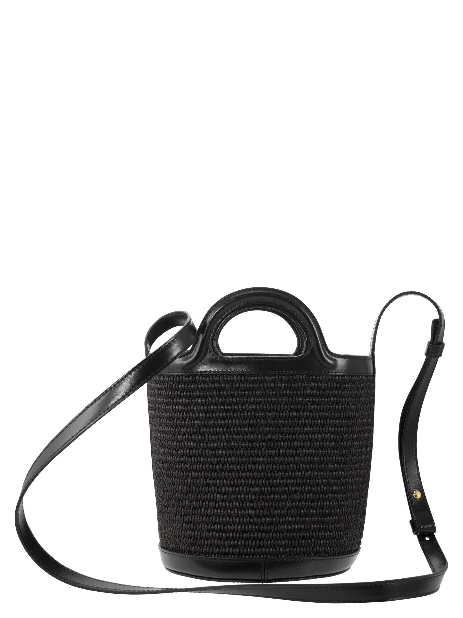 Marni Black Leather And Raffia Tropicalia Bucket Bag In Black