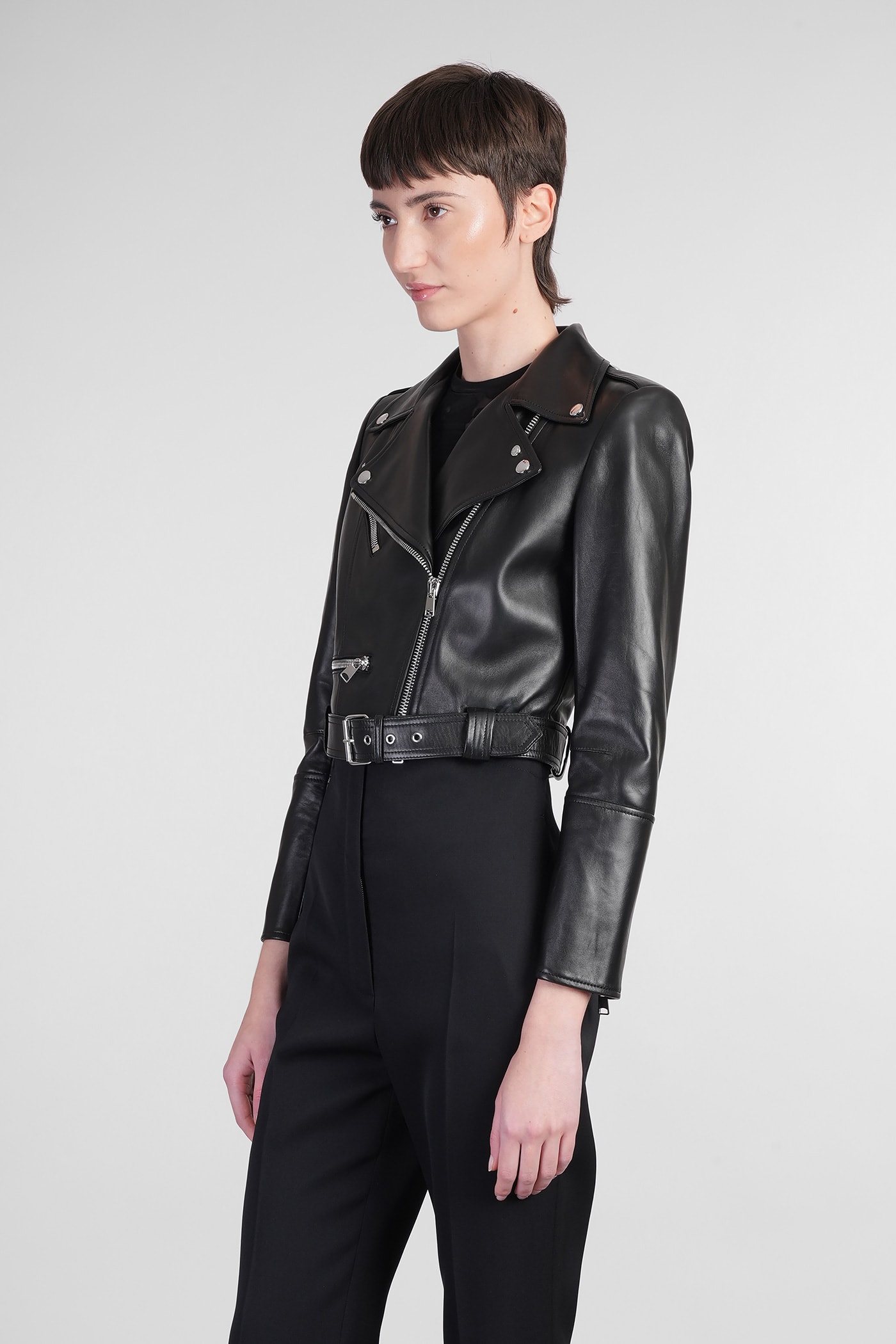 Alexander Mcqueen Black Cropped Biker Jacker With Matching Belt In Smooth Leather Woman In Black