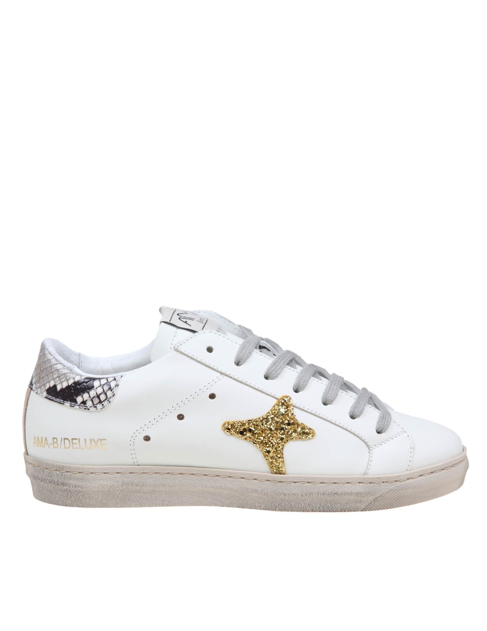 Sneakers In White Leather And Gold Glitter