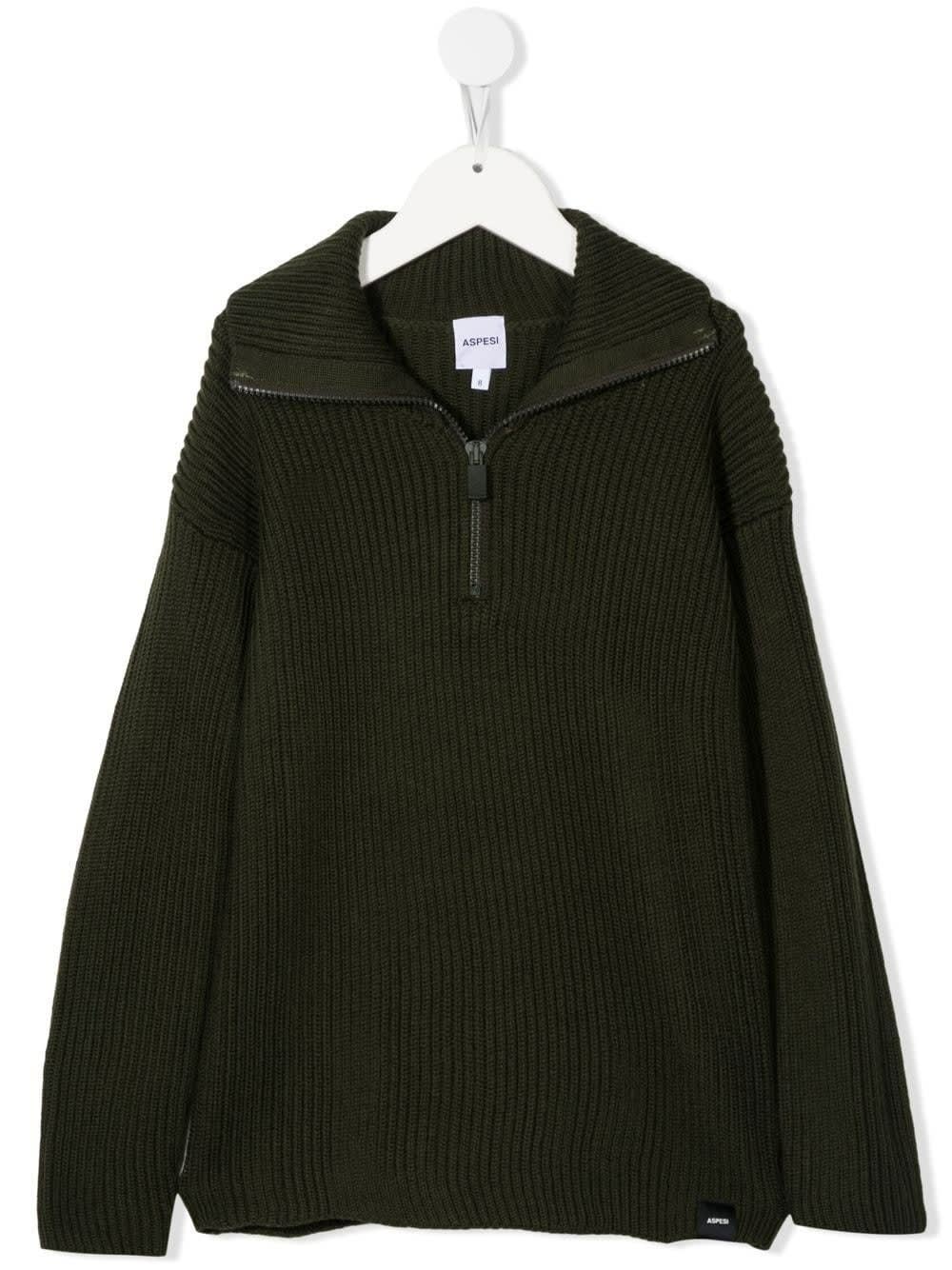 Aspesi Kids Military Green Ribbed Wool Pullover With Half Zip