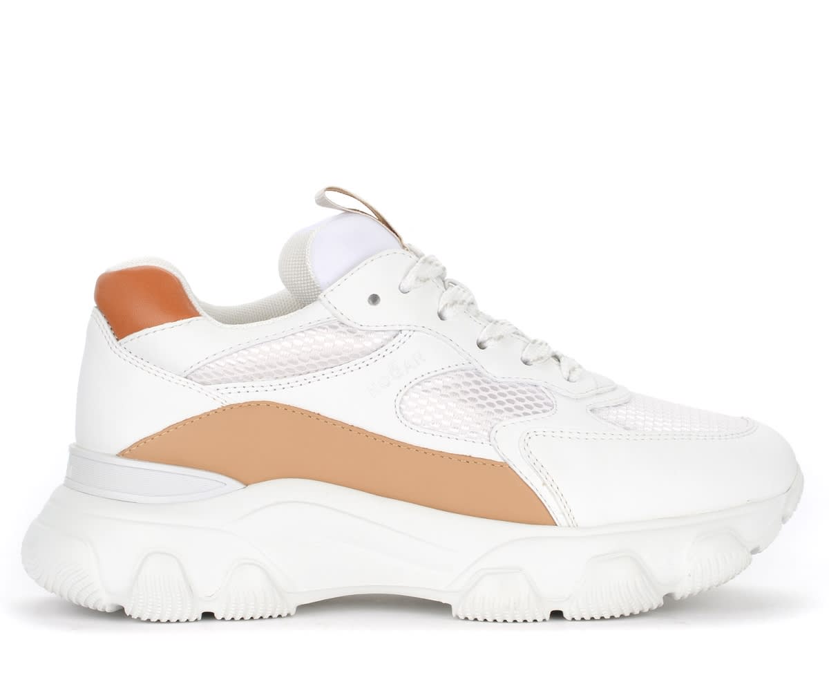 Hogan Hyperactive Sneaker In White And Orange Leather And Fabric