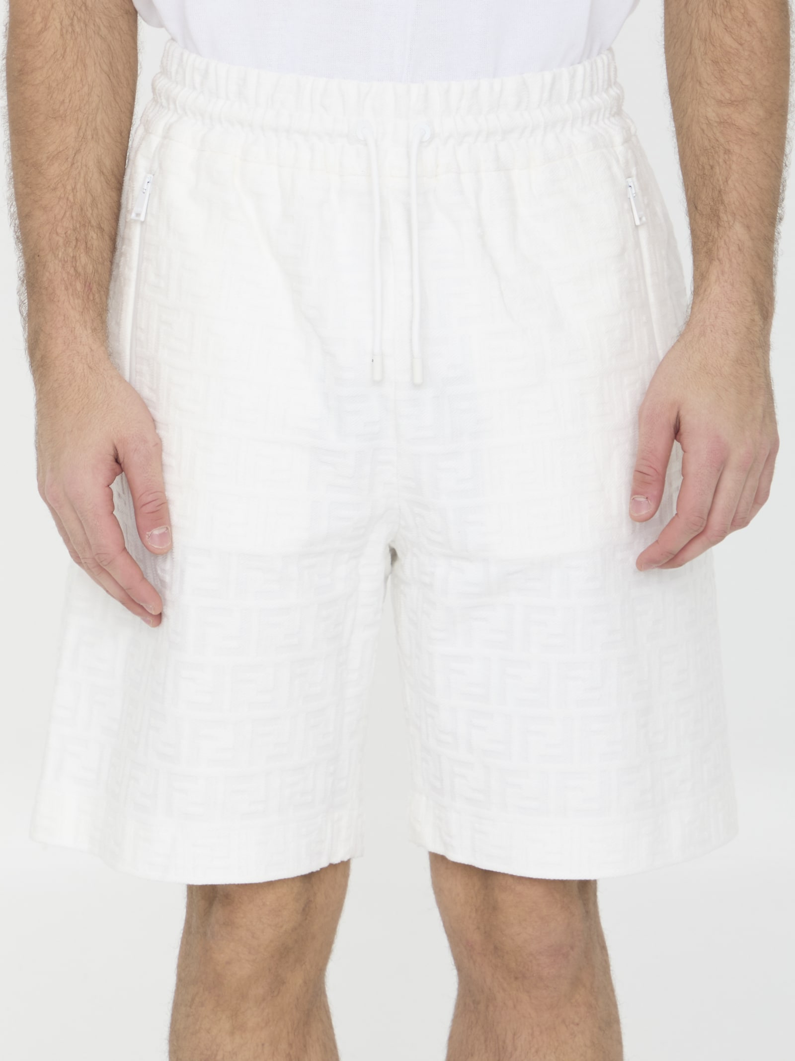 Shop Fendi Ff Cotton Bermuda Shorts In Bianco
