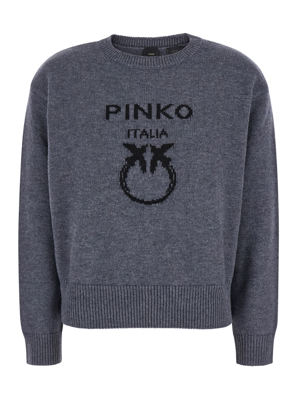 Shop Pinko Burgos Grey Crewneck Sweater With Logo On The Front In Wool Woman