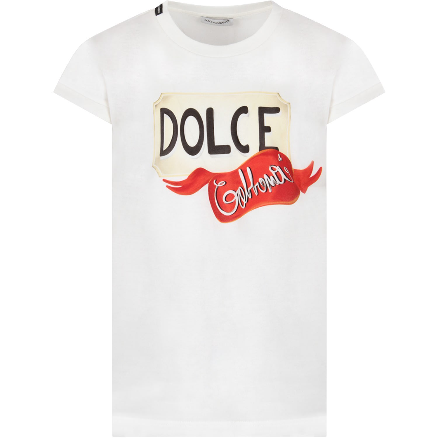 DOLCE & GABBANA IVORY T-SHIRT FOR GIRL WITH BLACK AND WHITE LOGO,11236876