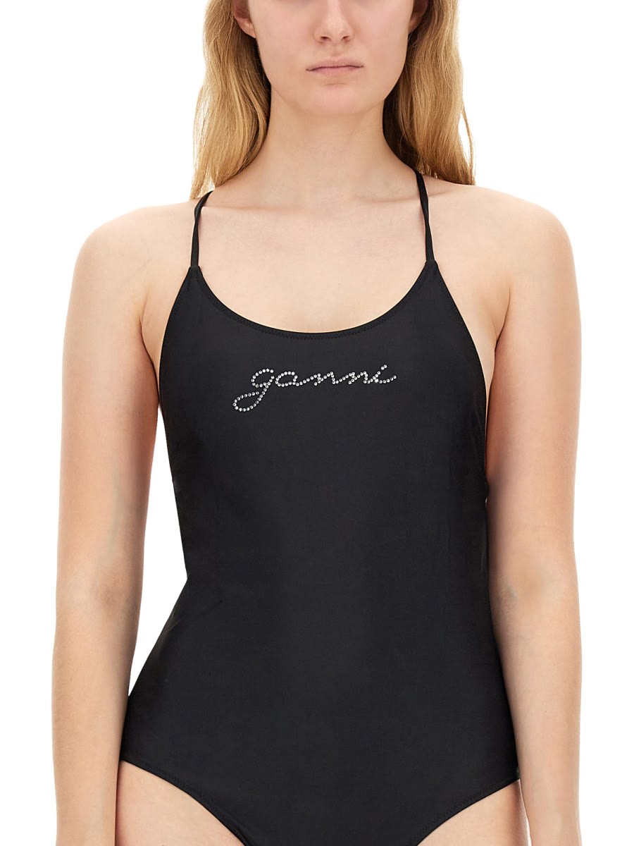 Shop Ganni One Piece Swimsuit With Logo In Black