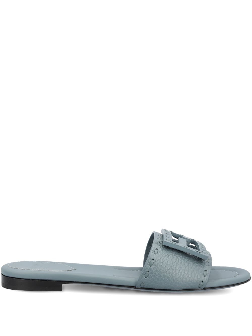 Fendi Leather Slides Buckle Detail Flat Sole In Gray