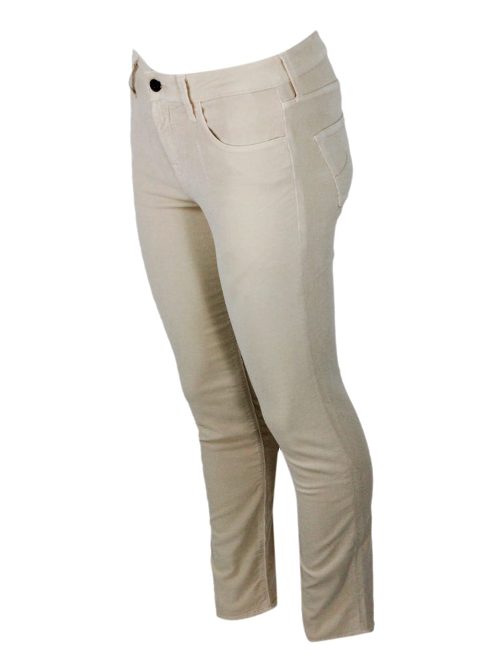 Shop Jacob Cohen Kimberly Cigarette Cut Trousers In Soft 1000 Striped Stretch Velvet With 5 Pockets W/zip And Button  In Cream