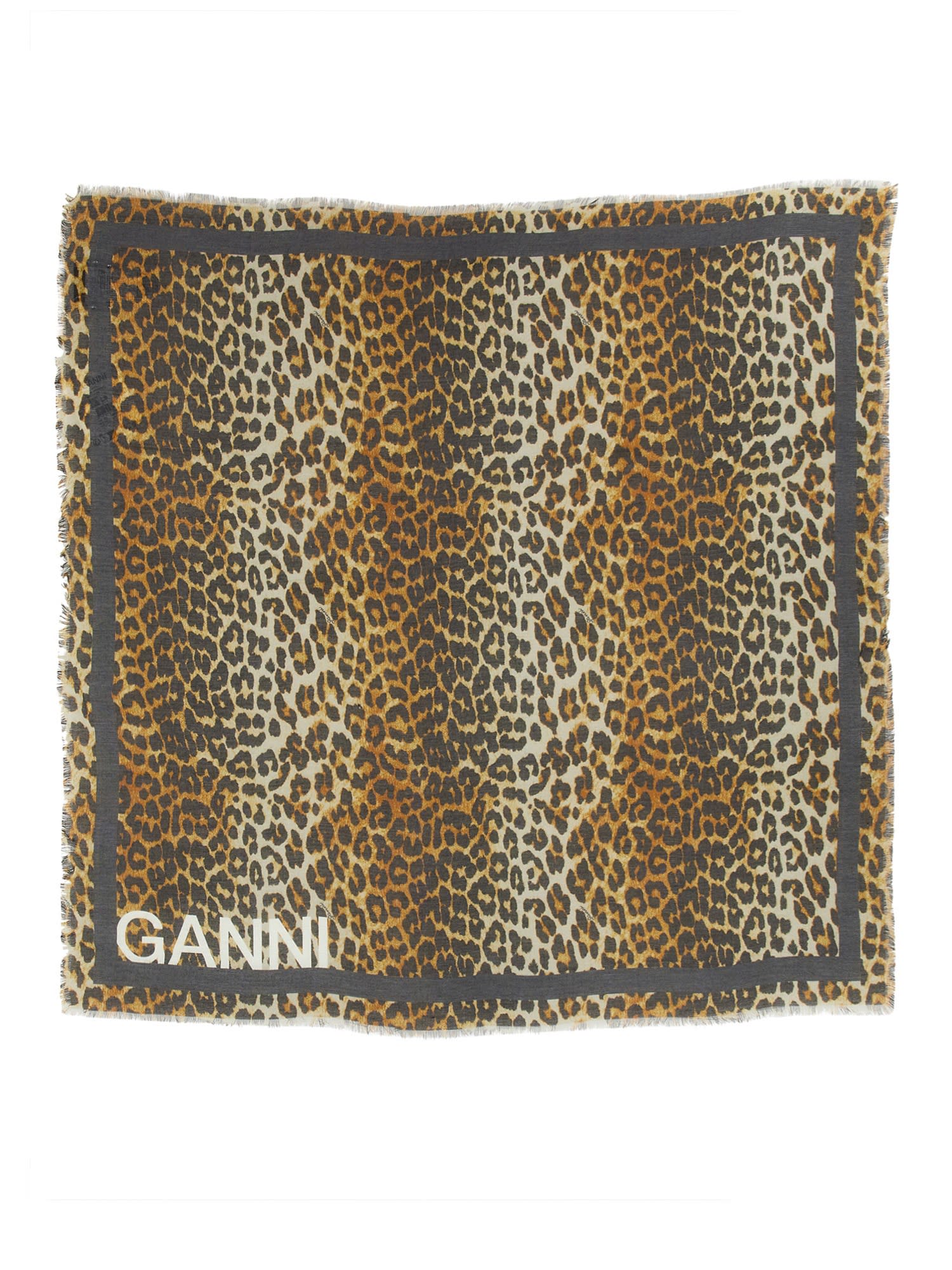 Ganni Leopard Print Foulard Scarf In Beige