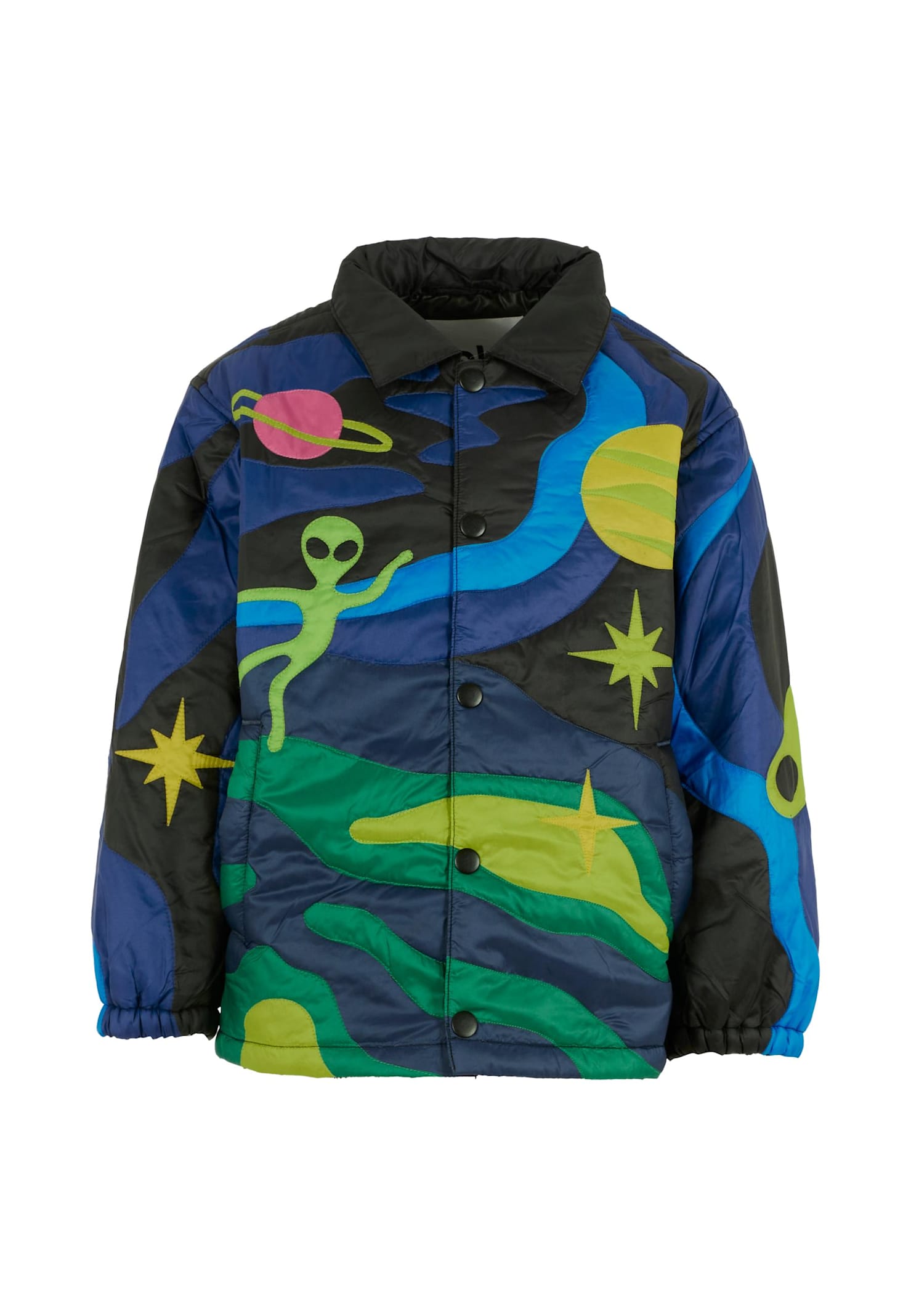 Molo Black Down Jacket For Boy With Alien In Multi