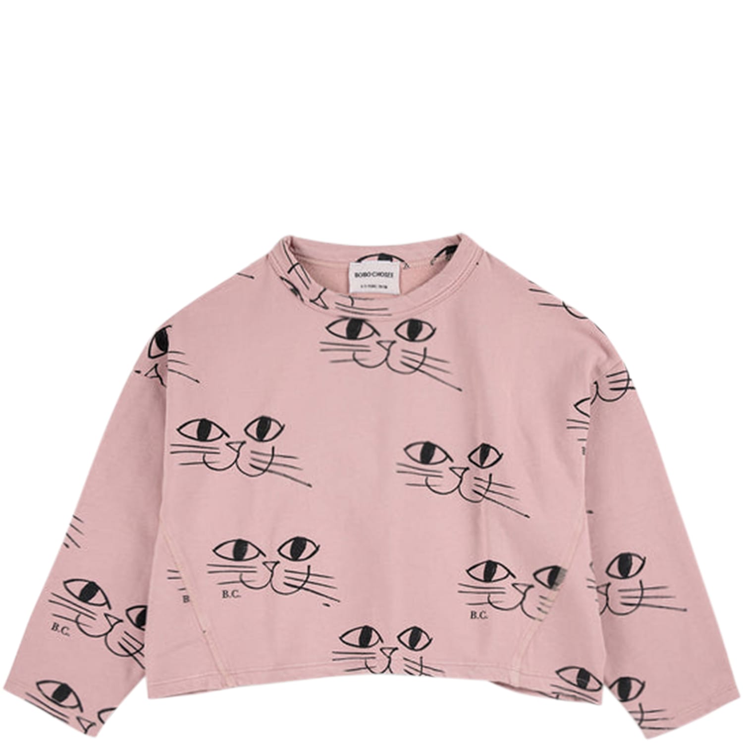 BOBO CHOSES PINK SWEATSHIRT FOR GIRL WITH CATS PRINT AND LOGO