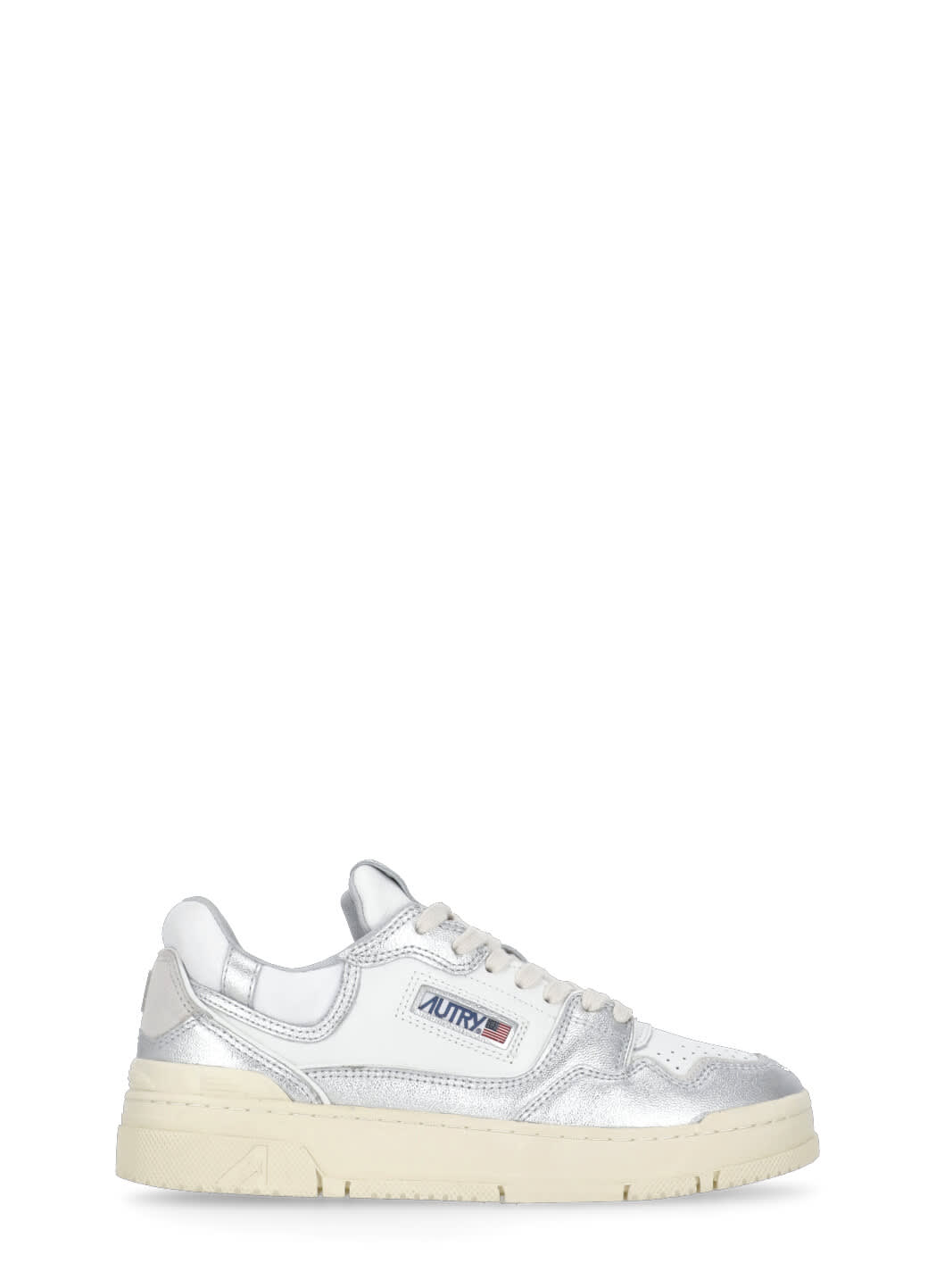 Autry Silver And White Low Top Sneakers With Logo Patch In Metallic Leather Woman In Silver