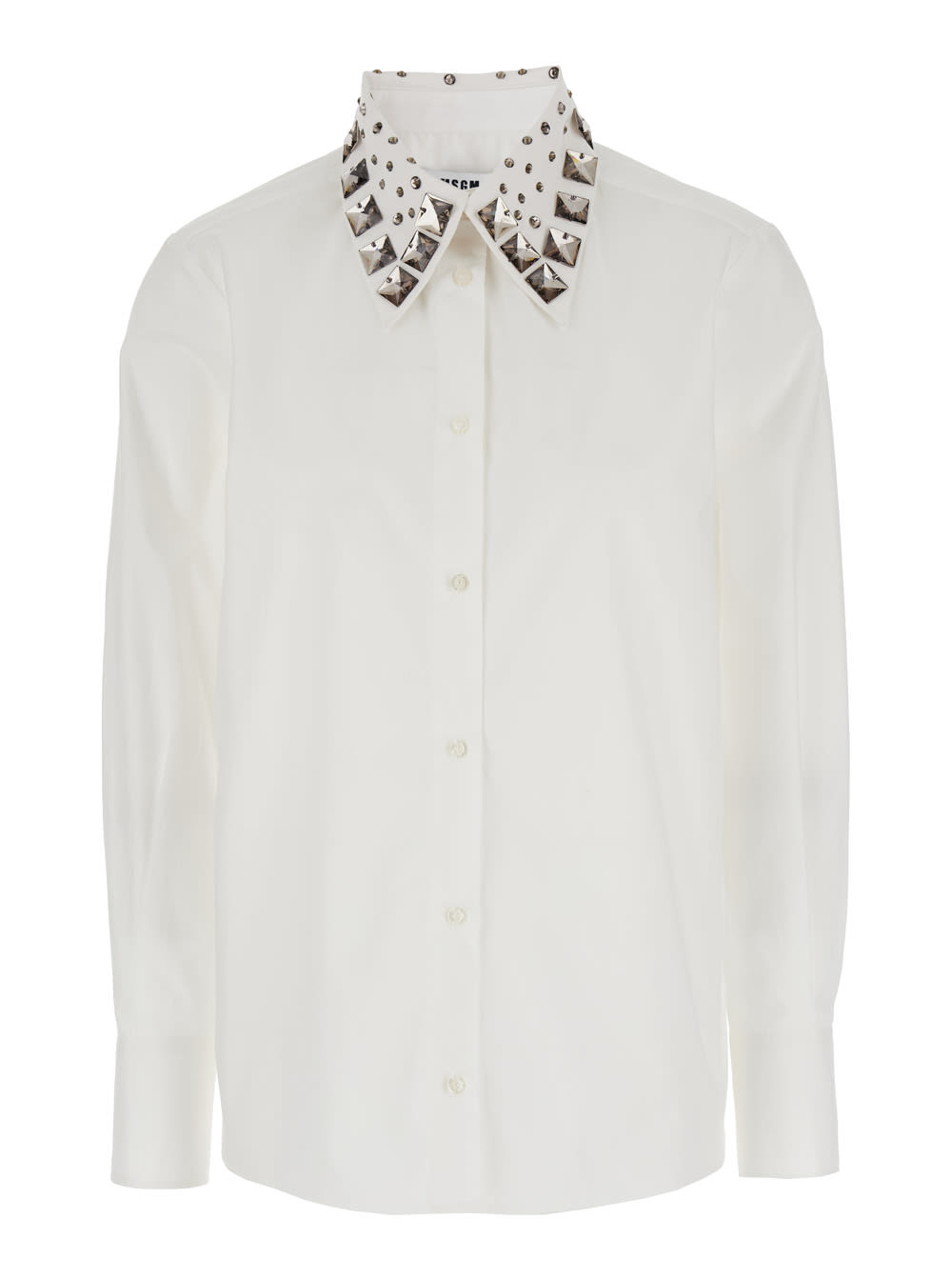 Shop Msgm White Shirt With Detachable Collar And Rhinestone In Cotton Woman