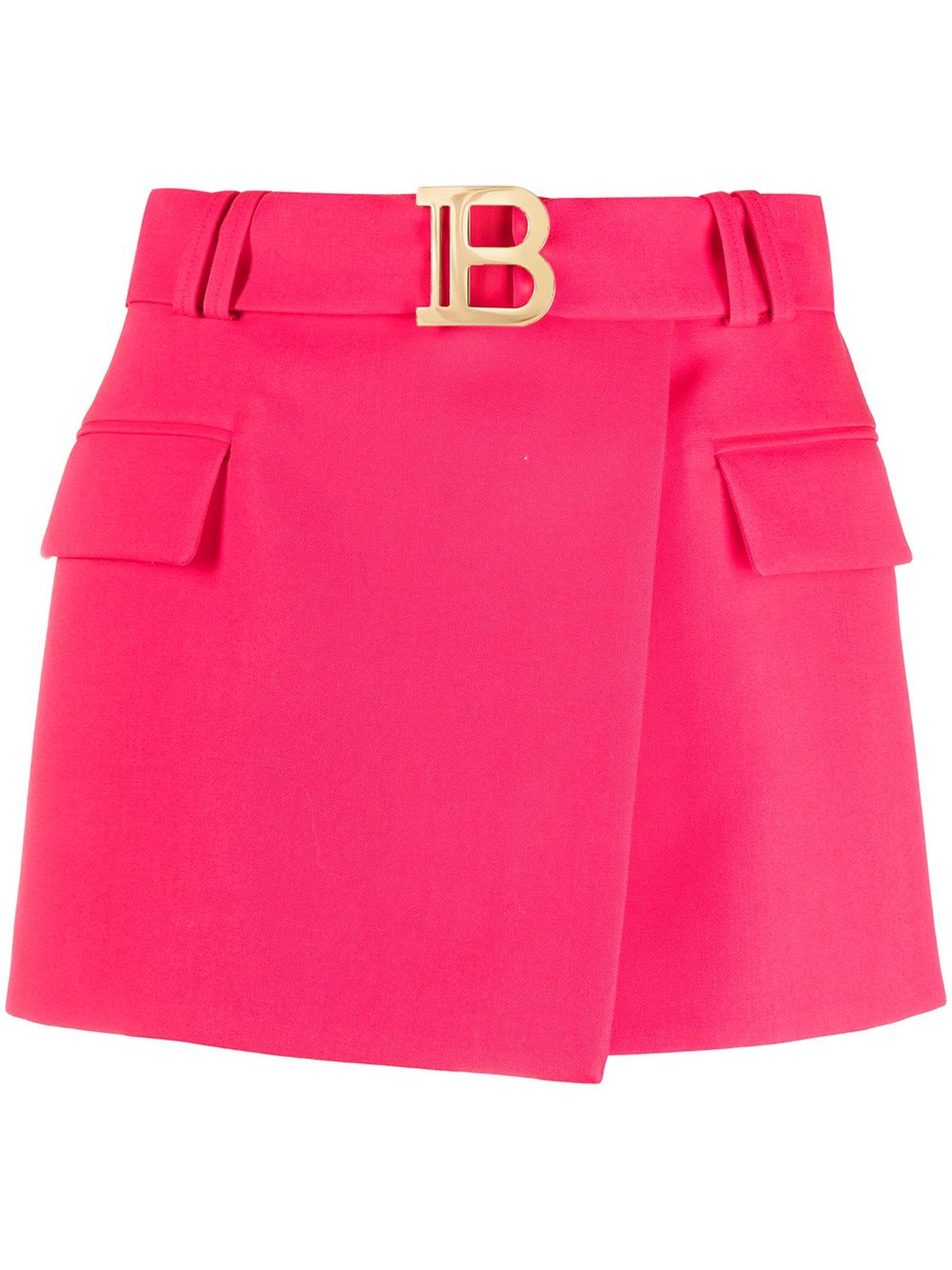 Balmain Short Fuchsia Grain De Poudre Fabric Skirt