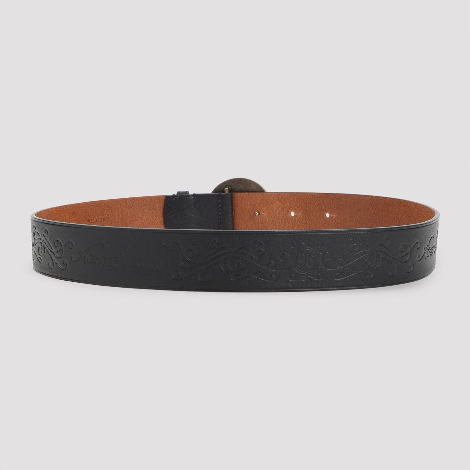 Acne Studios Embossed Black Calf Leather Belt With Aged Gold-tone Buckle In Black