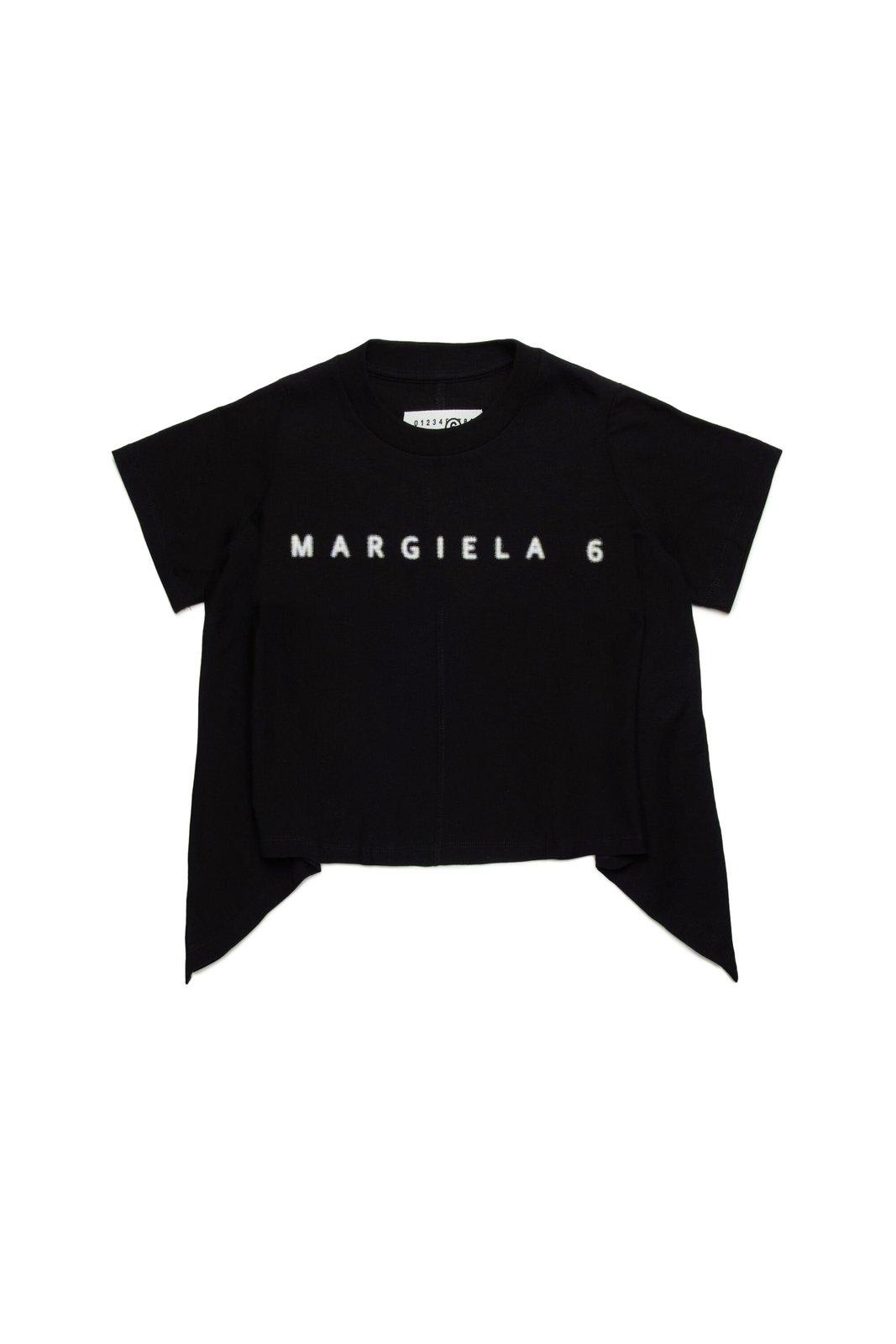 Mm6 Maison Margiela Kids' Logo Printed Crewneck Asymmetric T-shirt In Black