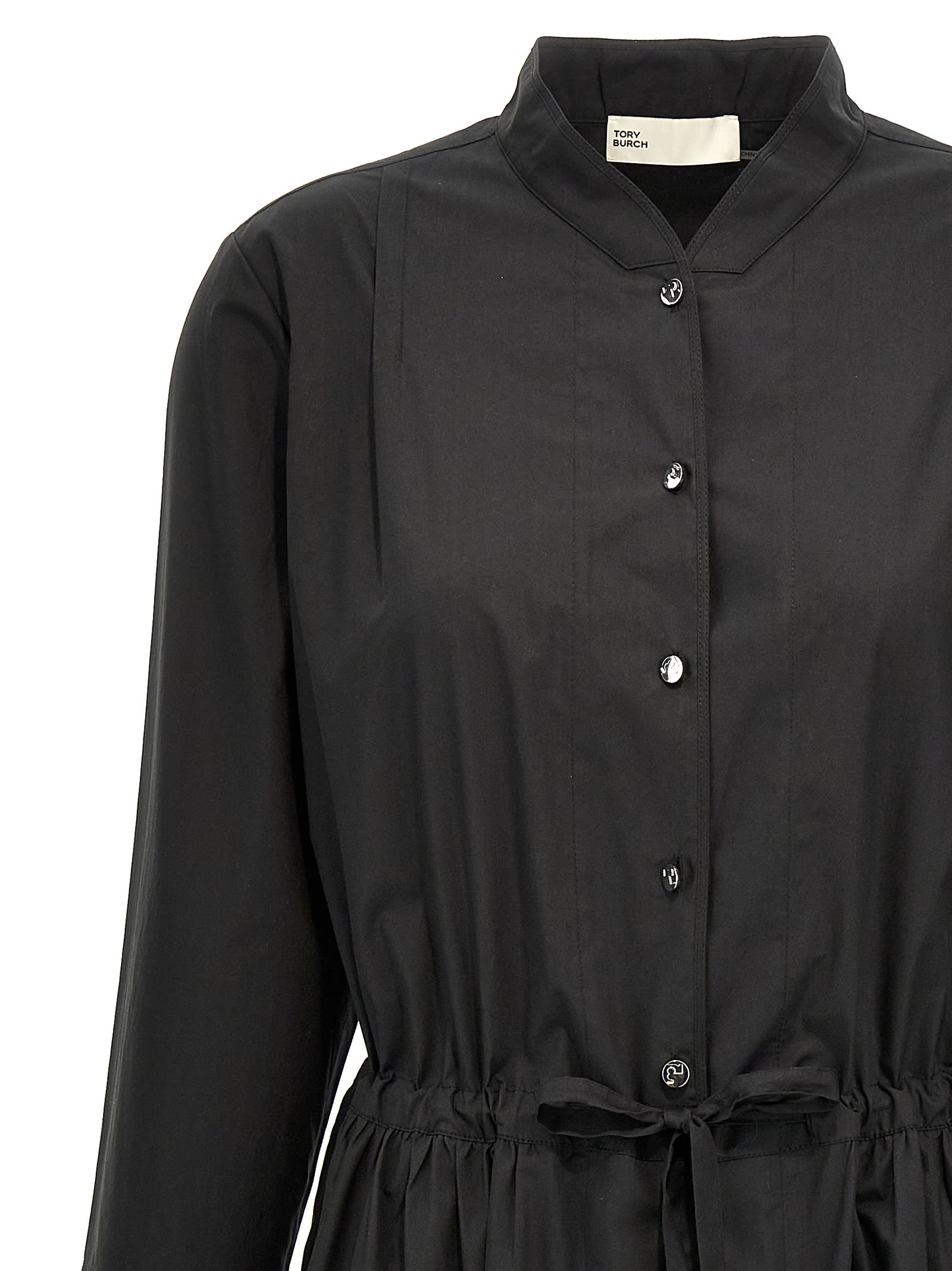 Tory Burch Cotton Chemisier Dress With Drawstring Waist In Black