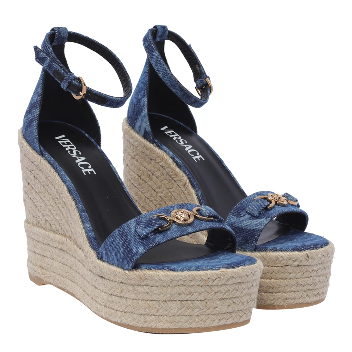 Shop Versace Denim Wedge Sandals 120 In Blue