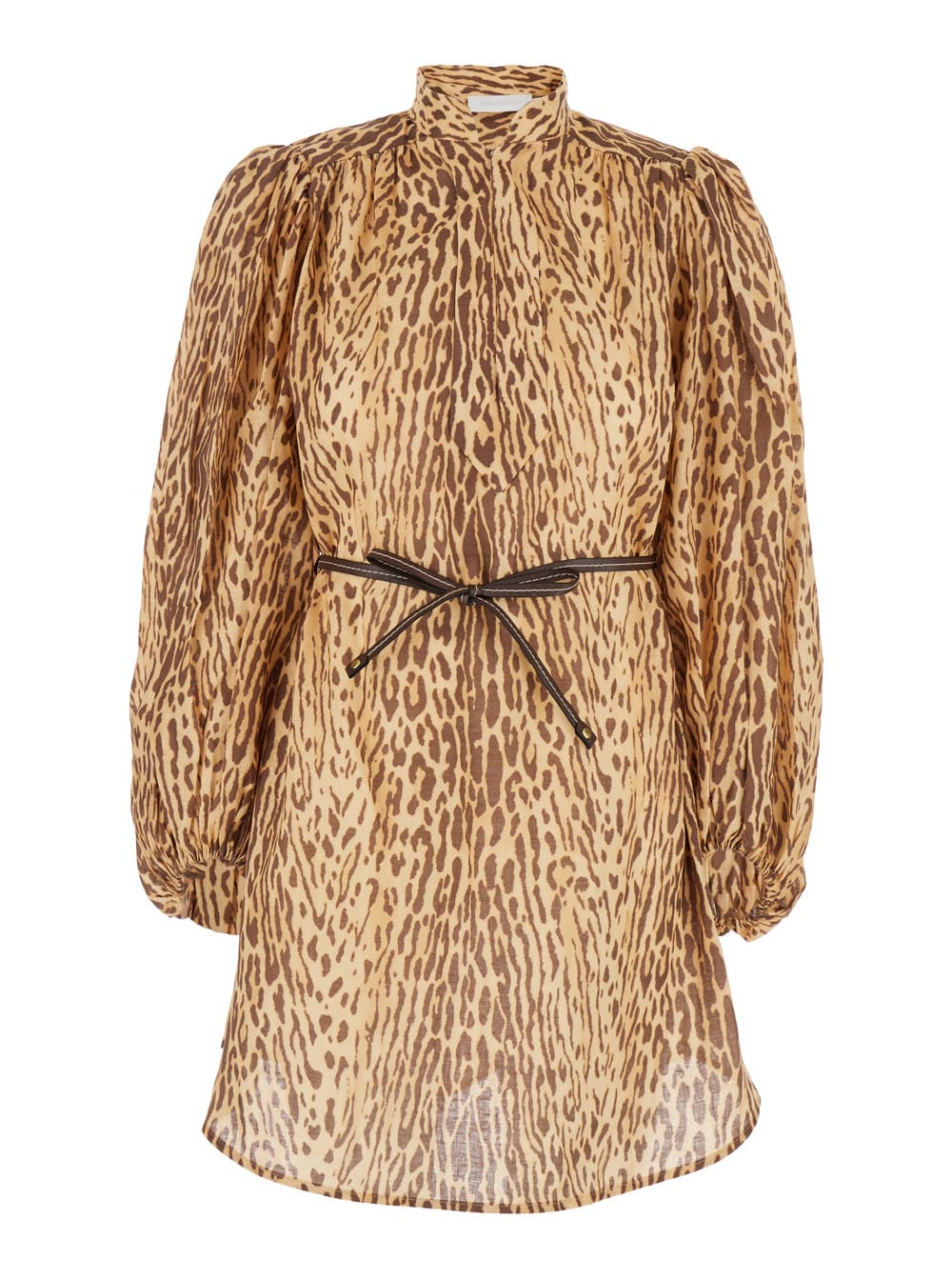 Zimmermann Cascadian Beige Tunic Dress With Stand-up Collar And All-over Leopard Print In Linen Woman In Brown