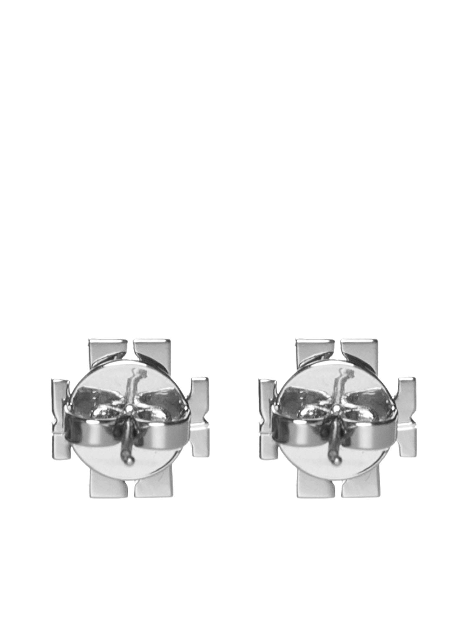 Tory Burch Crystal Logo Earrings In Silver