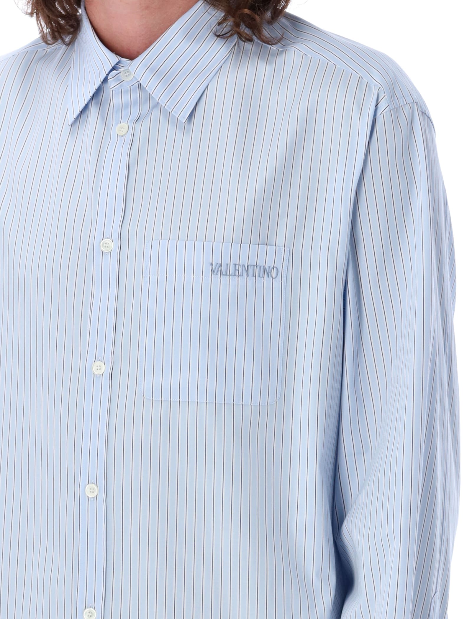 Shop Valentino Long Sleeved Stripe Shirt In White/blue