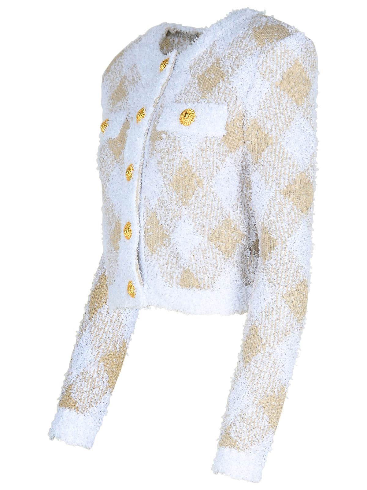 Balmain Vichy Check Tweed Knit Crop Jacket In Blanc/ Beige