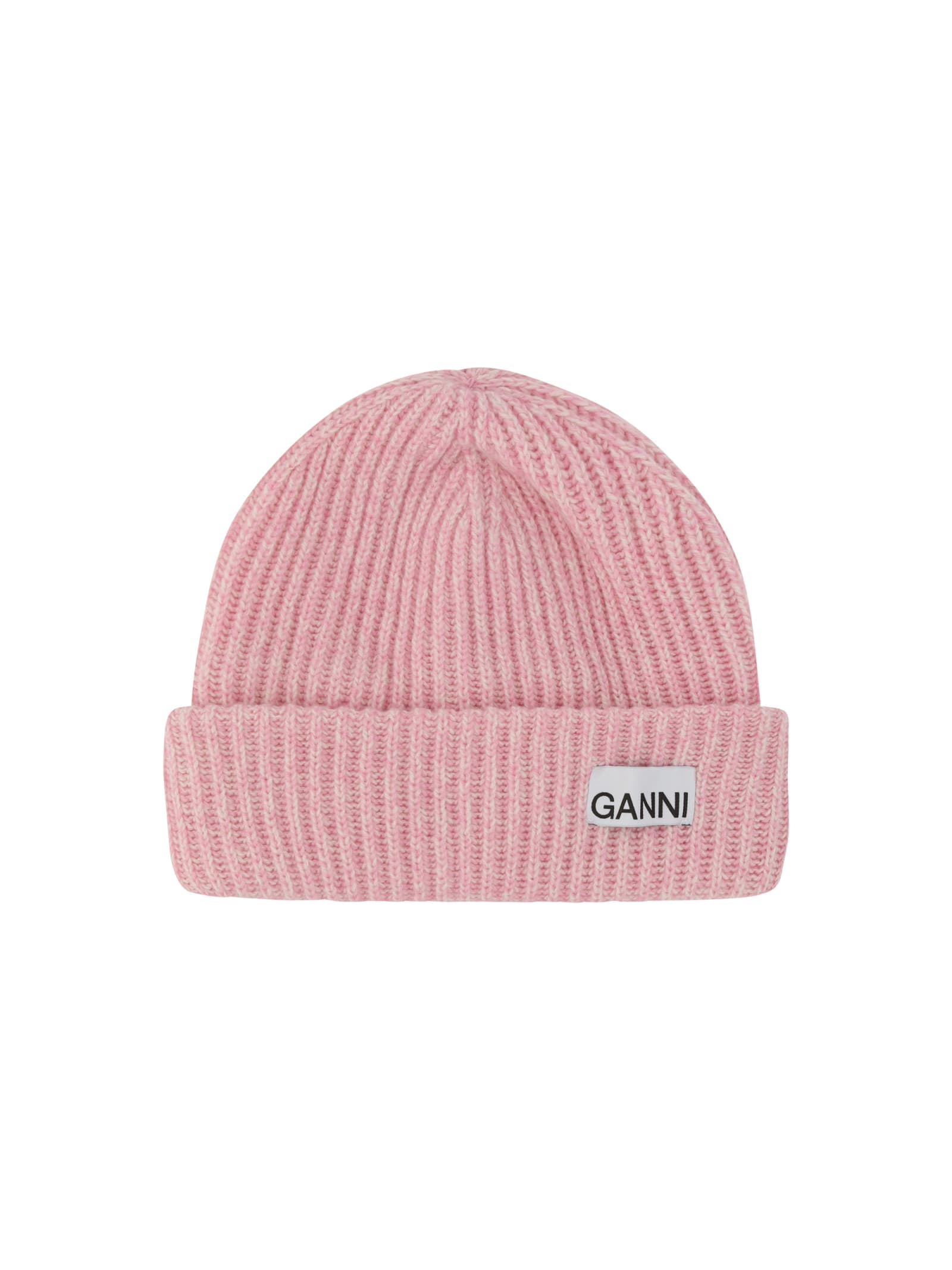 Ganni Wool-blend Light Structured Rib-knit Beanie In Pink