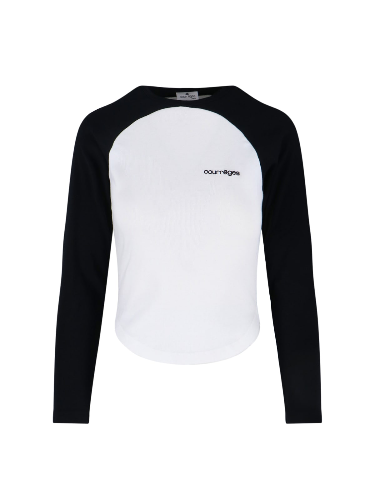 Courrèges Long-sleeved Contrast T-shirt With Rounded Hem And Logo Print In White
