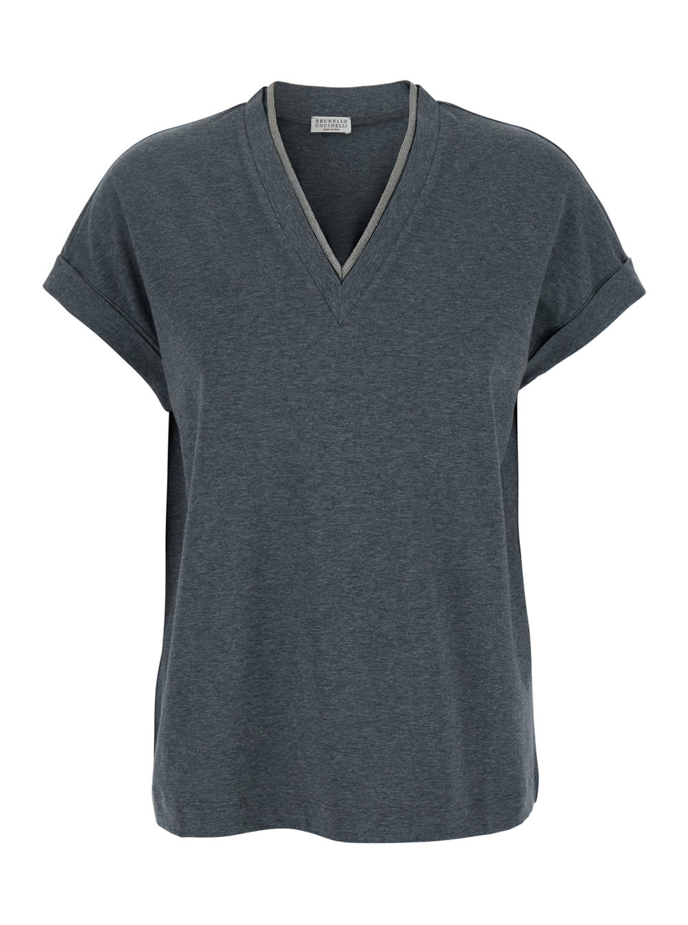 Grey V Neck T-shirt With Monile Detail On The Neck In Cotton Woman