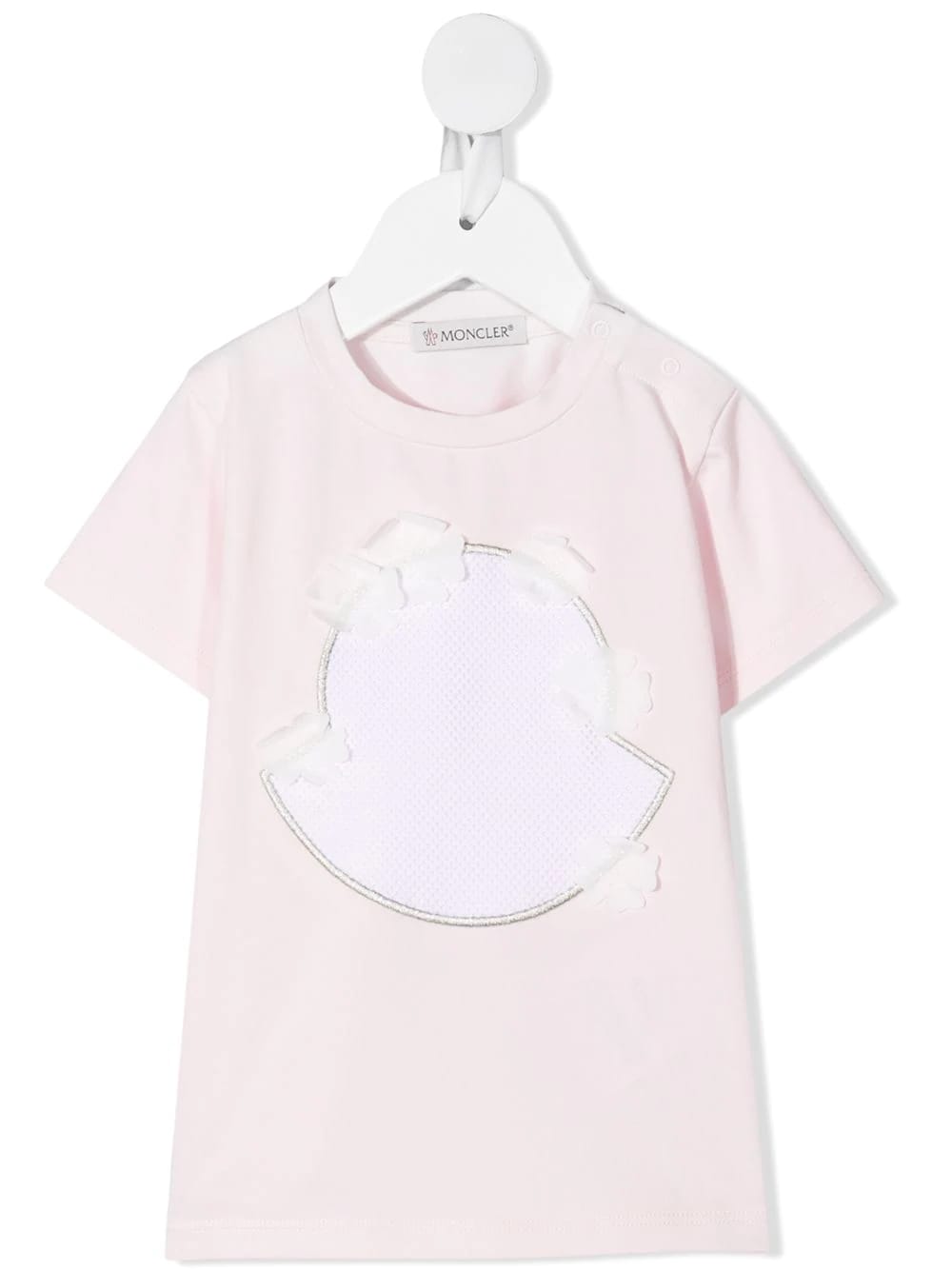 Moncler Pink Newborn T-shirt With Maxi Logo And Floral Applications