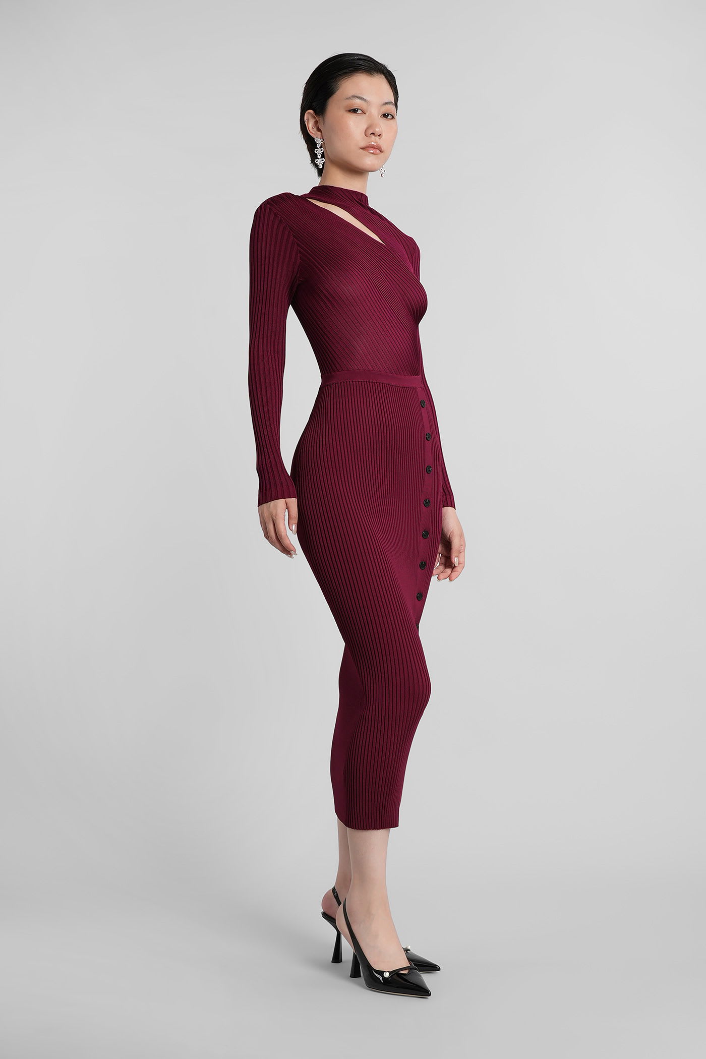 Self-portrait Burgundy Cut Out Tib Knit Midi Dress In Burgundy