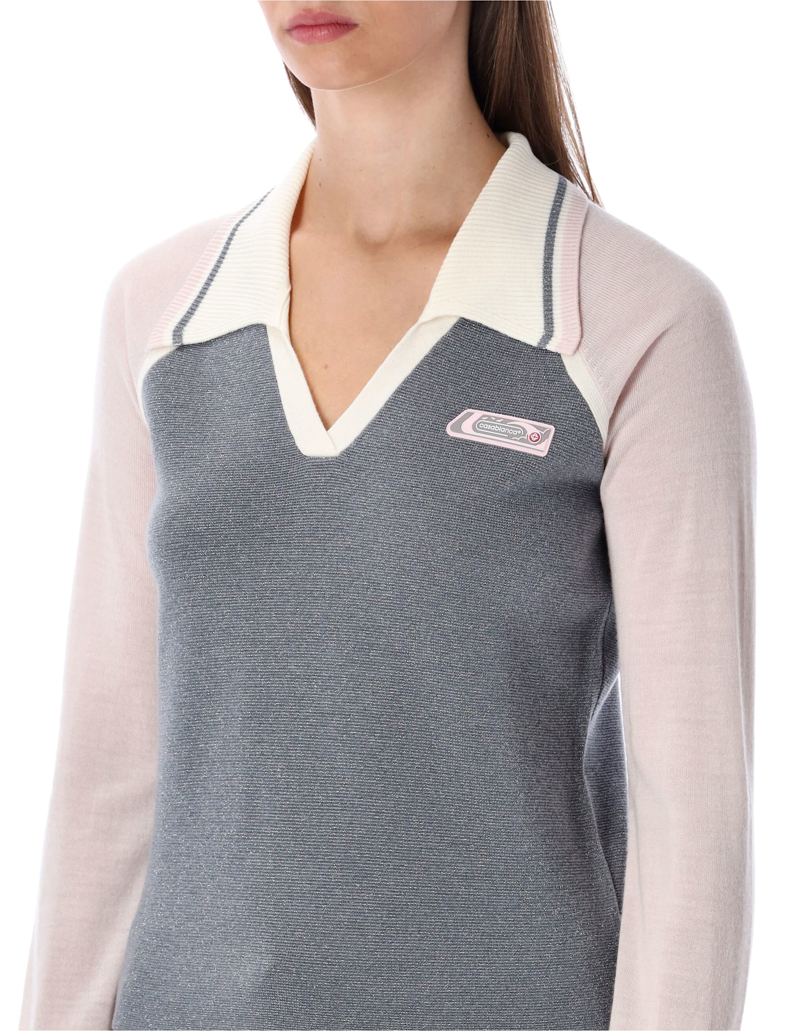 Casablanca Color-block Merino Polo Shirt With Classic Collar And Logo Patch In Gray
