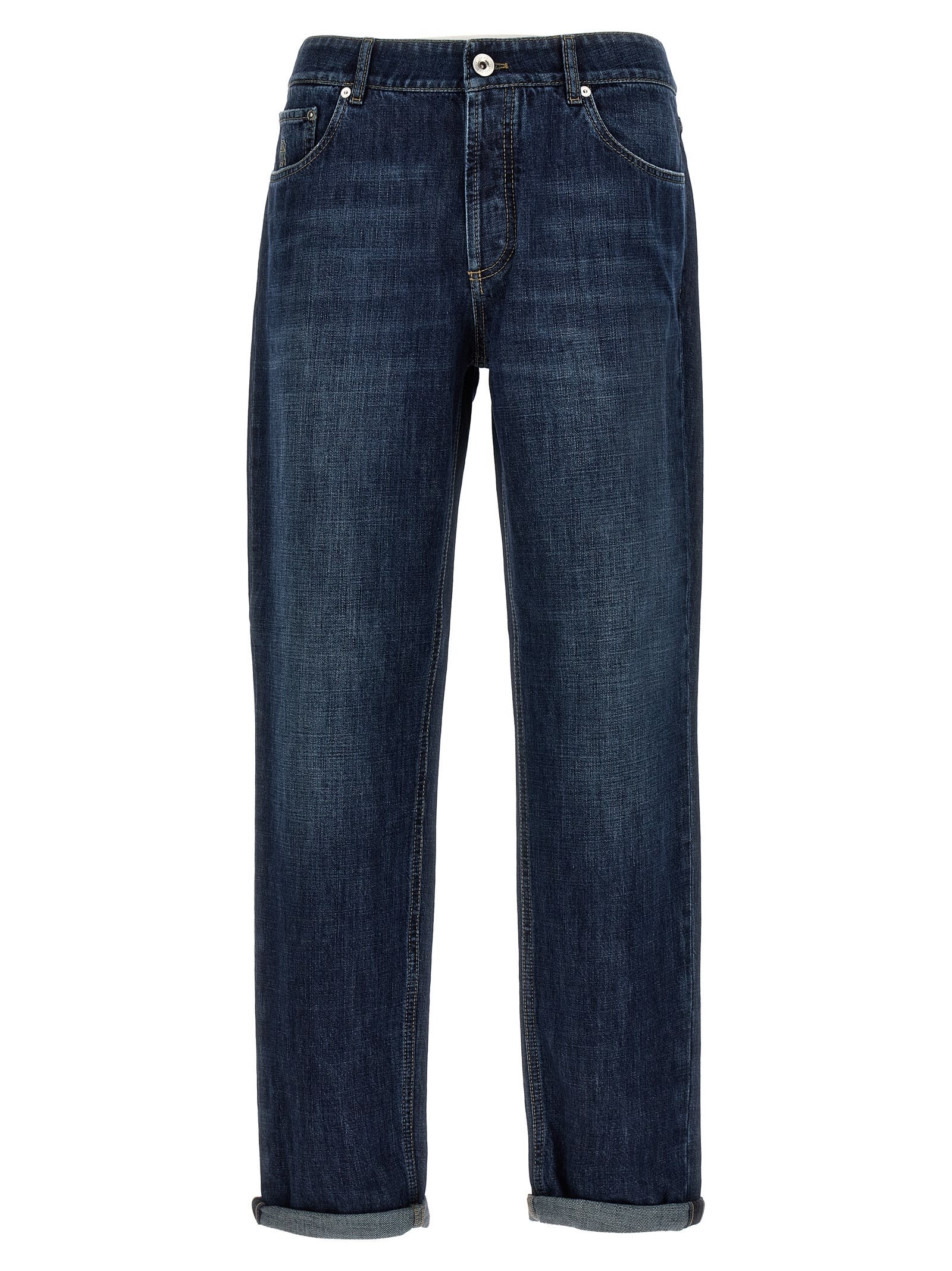 Shop Brunello Cucinelli Logo Embroidery Jeans In Blue