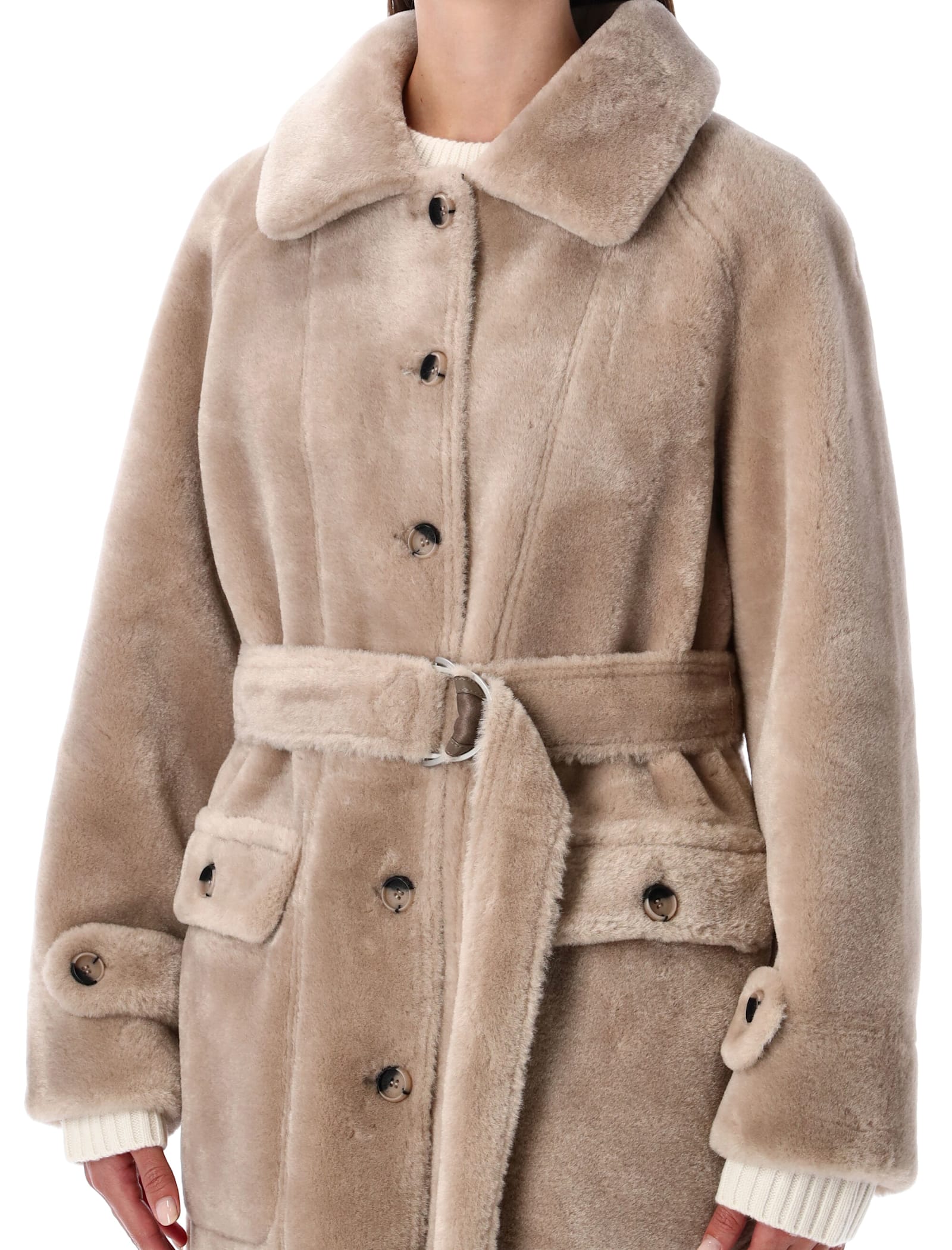 Urbancode Beige Shearling Coat With Classic Collar And Waist Belt In Faux Fur Woman In Brown