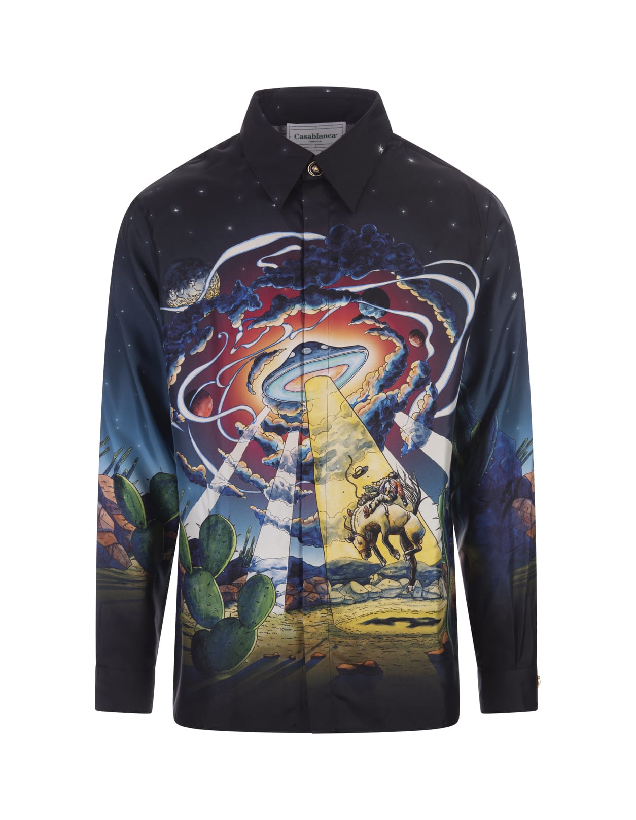 Casablanca Black Long-sleeve Shirt With Graphic Print In Silk Man In Blu