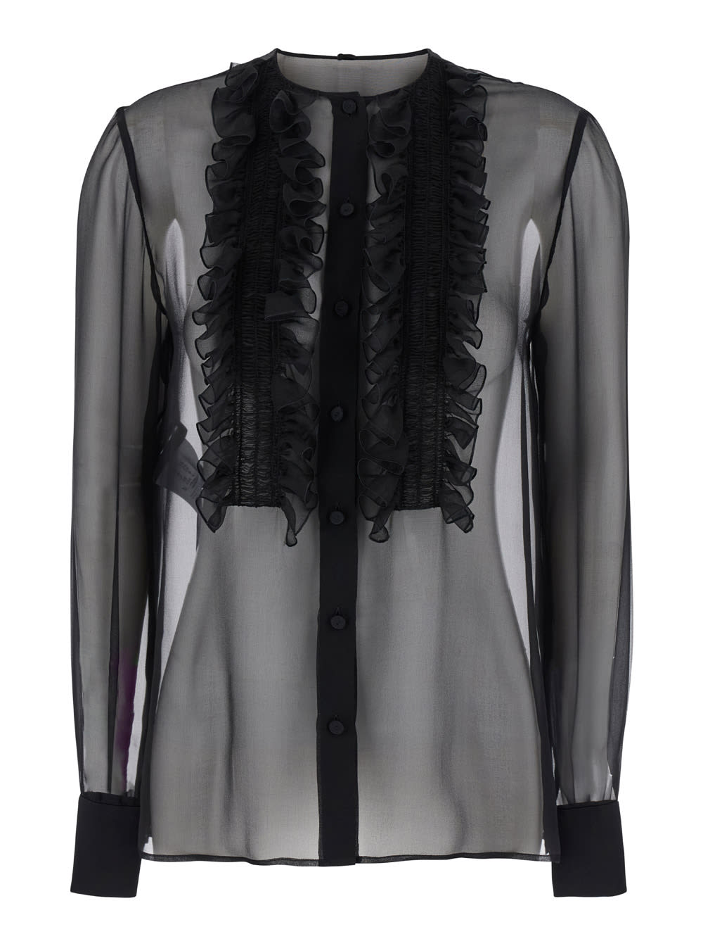 Shop Alberta Ferretti Black Shirt With Pointed Collar And Ruffle In Chiffon Woman